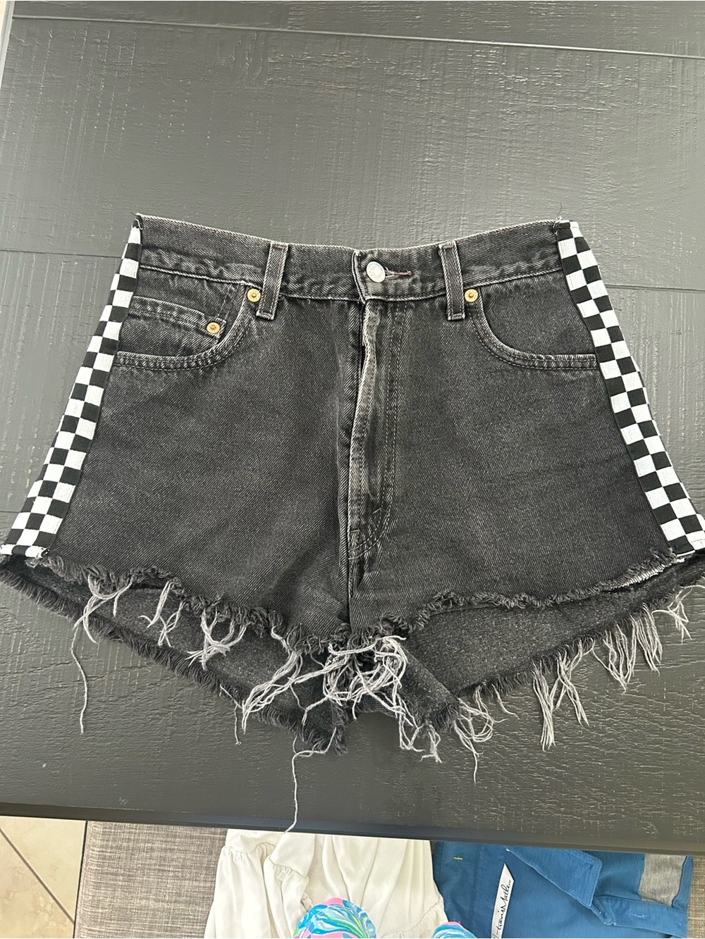 Furst of a kind Black Denim Jean Shorts with Checker Side Trim - Women - Picture 2 of 7